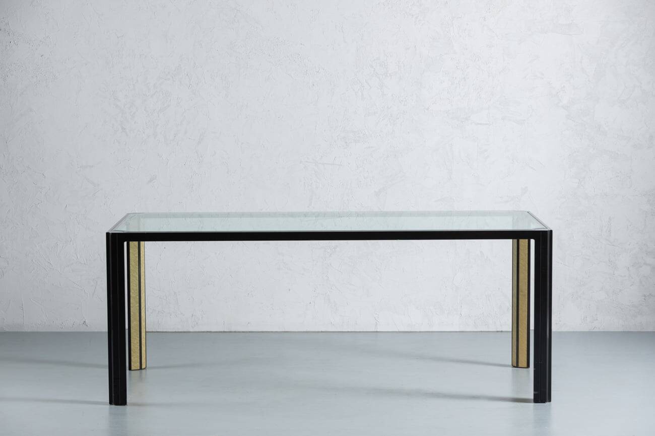 Vintage Saporiti style crystal top and black frame dining table, Italy, 1970s