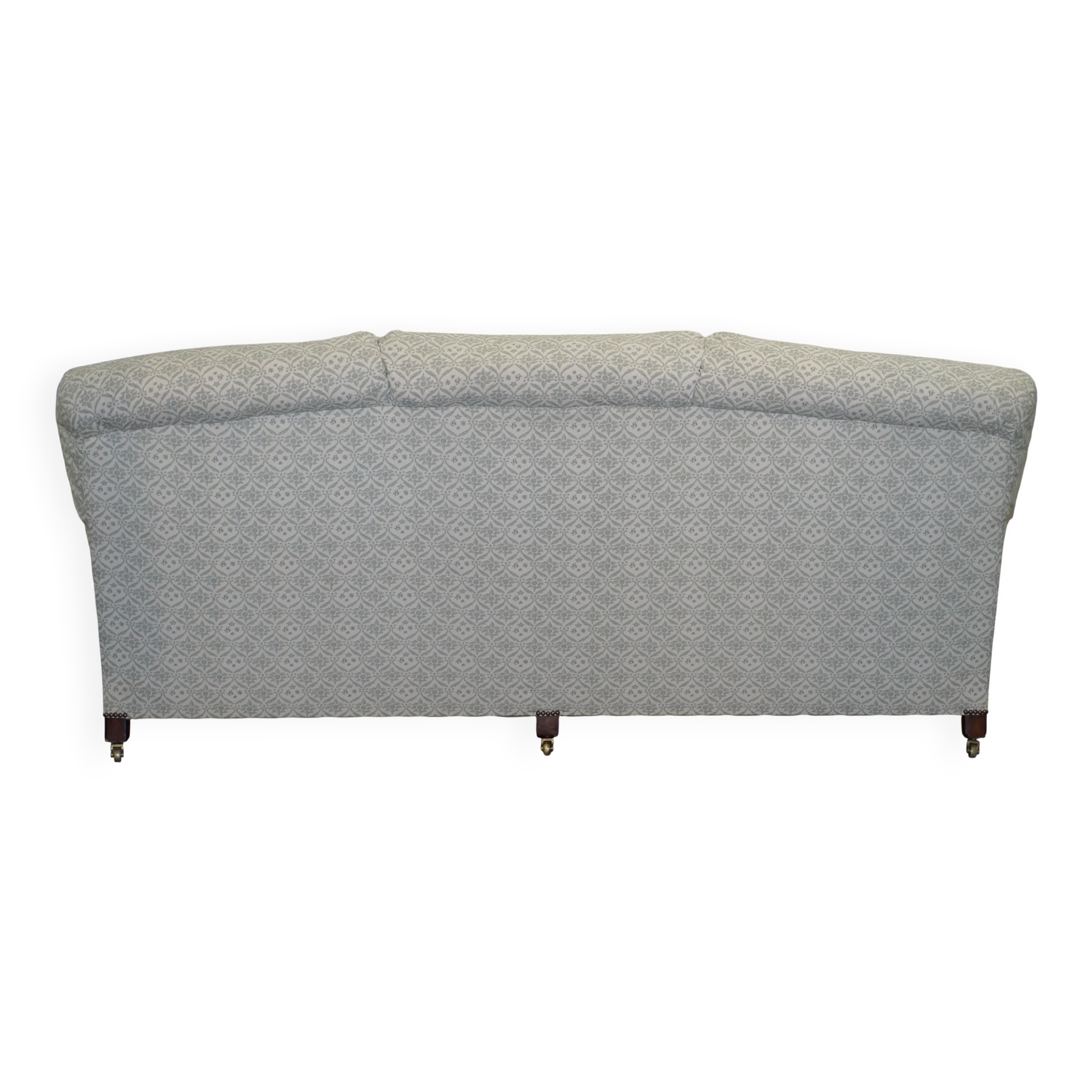 Howard & Sons canapé with feather cushions and ticking fabric, Victorian style.