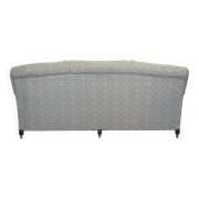 Howard & Sons canapé with feather cushions and ticking fabric, Victorian style.