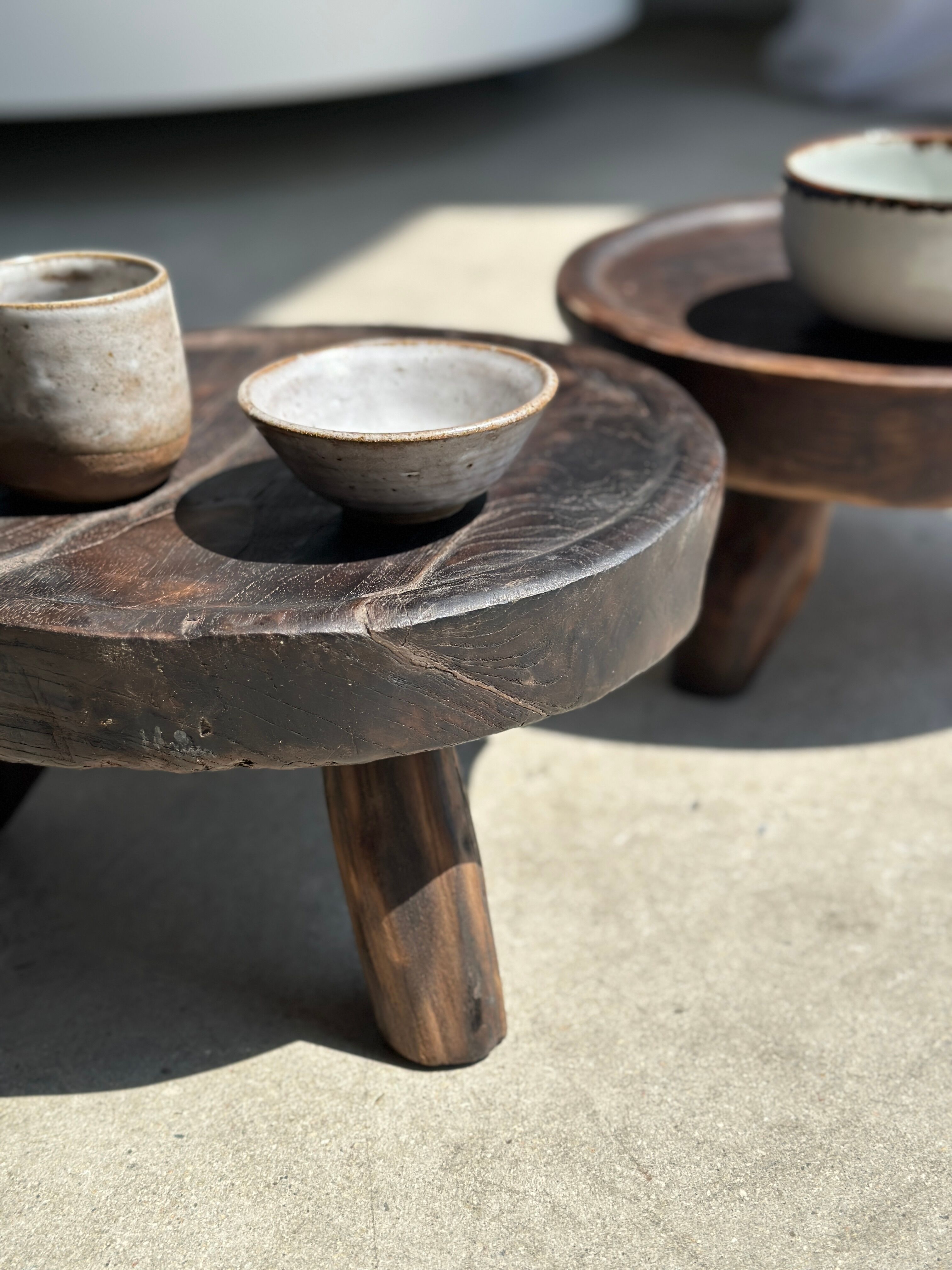 Small tripod stool low in dark brown upcycled teak