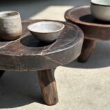 Small tripod stool low in dark brown upcycled teak