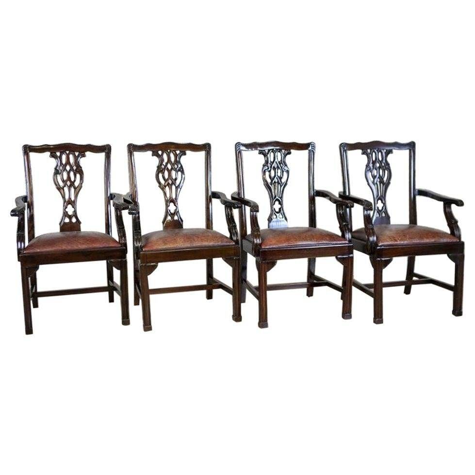 Late-19th Century English Walnut Chairs with Leather Upholstery, 1920s, Set of 4