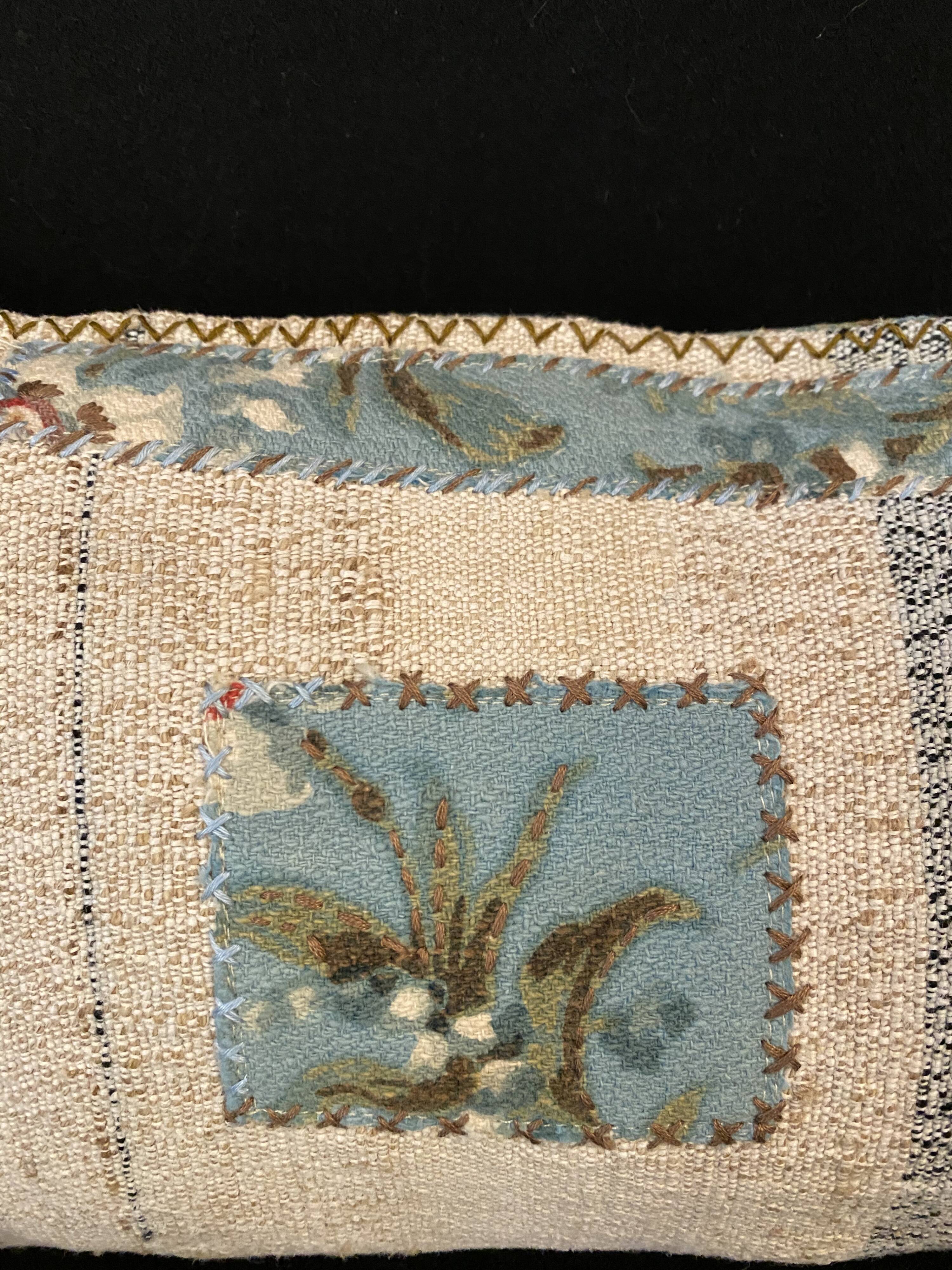 Pair of kilim-style antique canvas cushions woven, patched and hand-embroidered, and vintage fabric