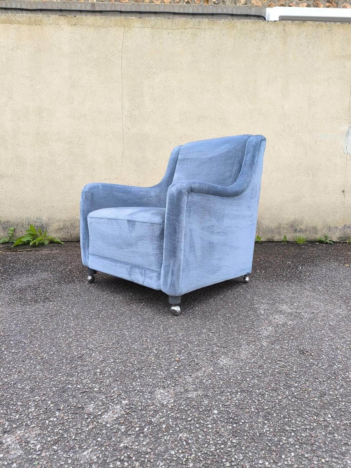 Cocktail armchair in sky blue velvet 1960s