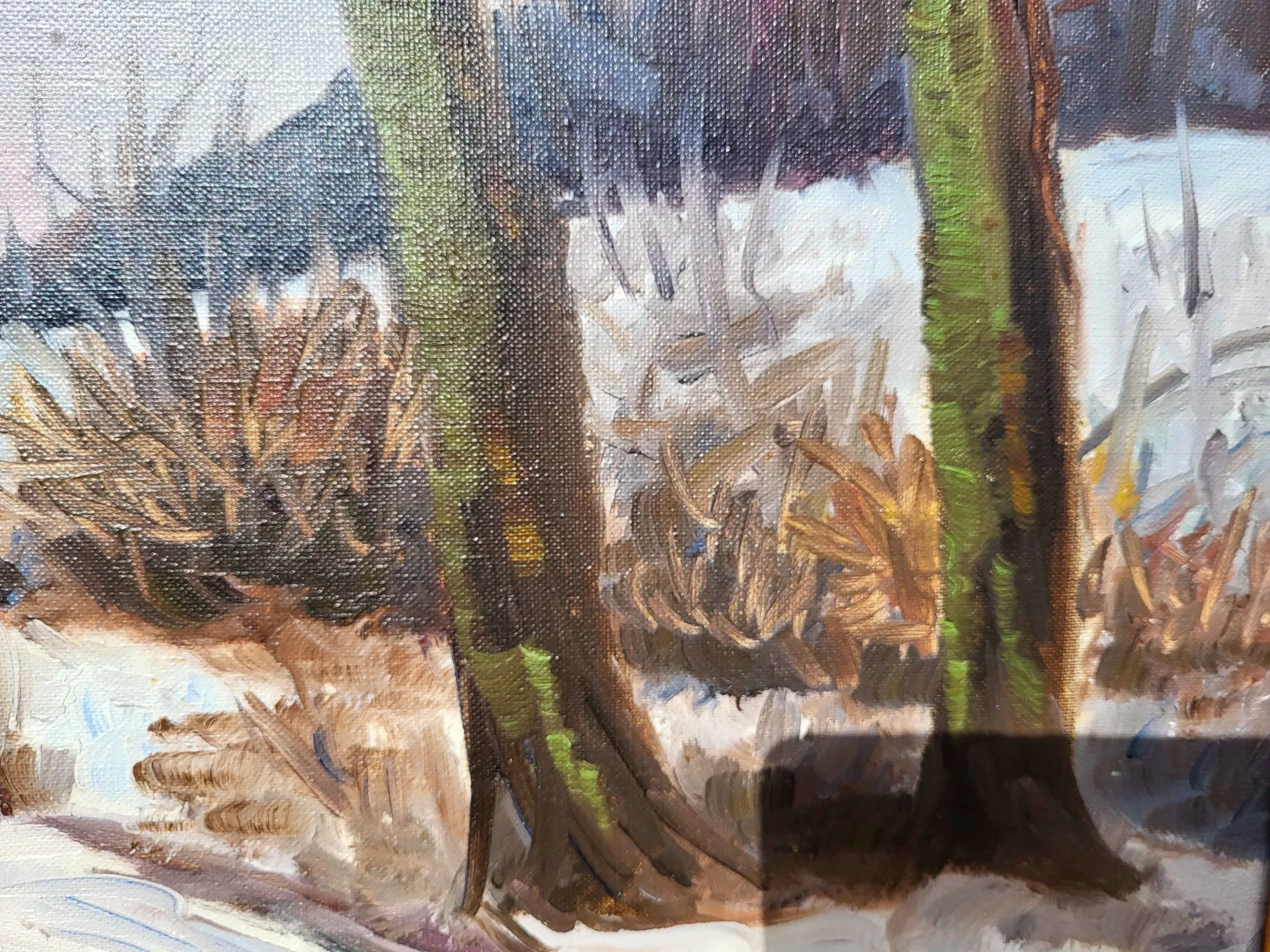 Vintage Winter Landscape with Birch Trees Oil Painting