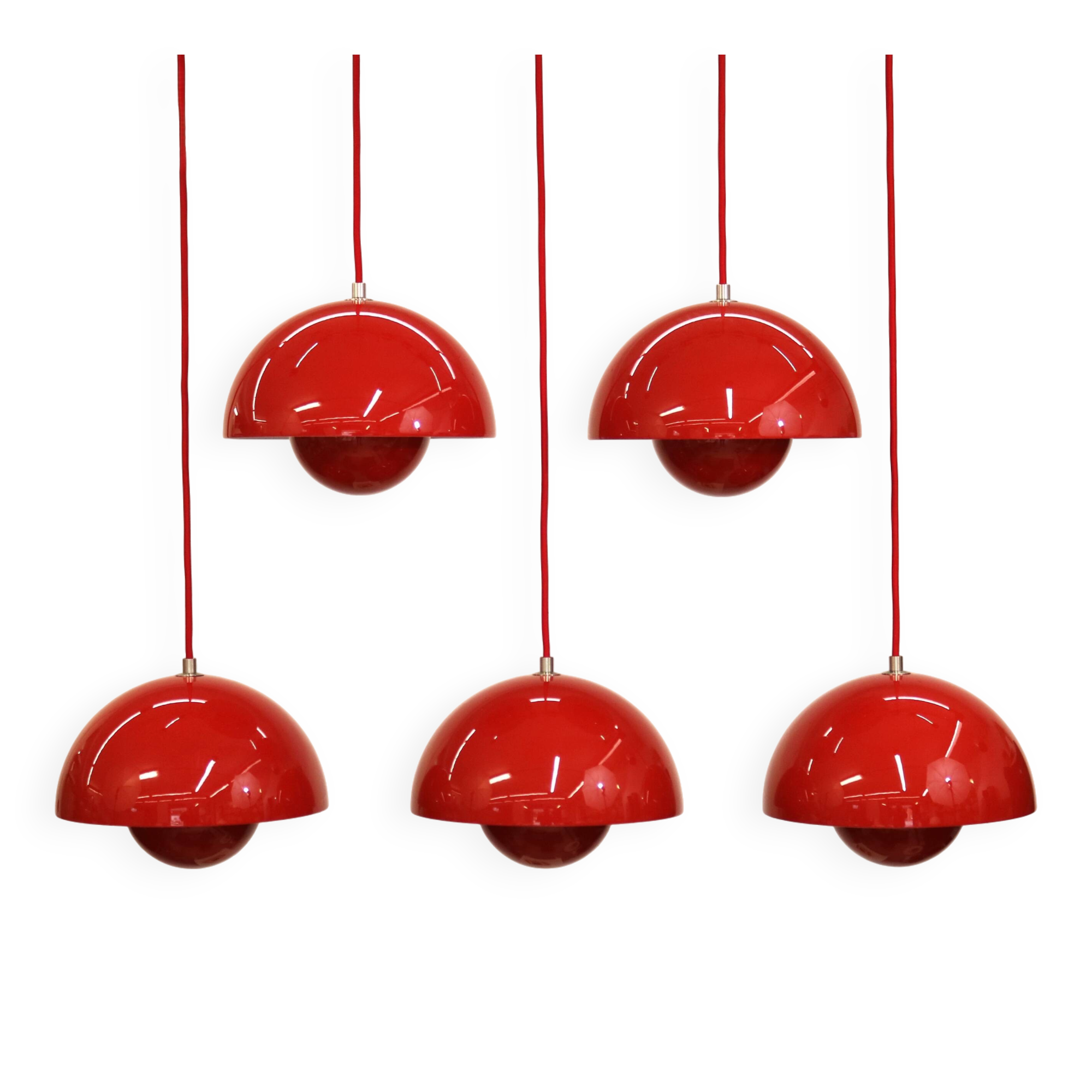 Iconic VP1 cherry red enamel flowerpot lamps designed by Verner Panton - &t