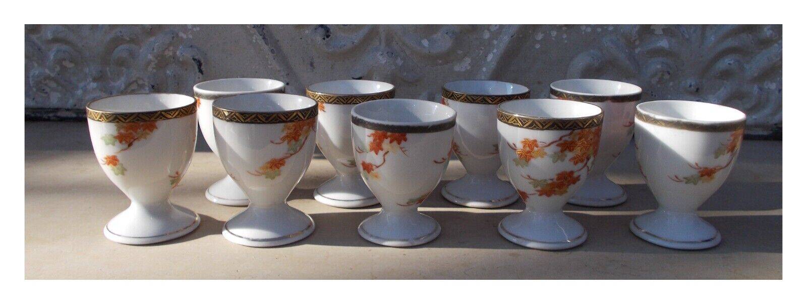 Vintage Japanese porcelain 8 egg cups with maple decor