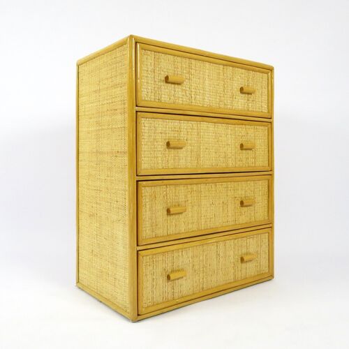 Bamboo and rattan vintage chest of drawers, 1970s