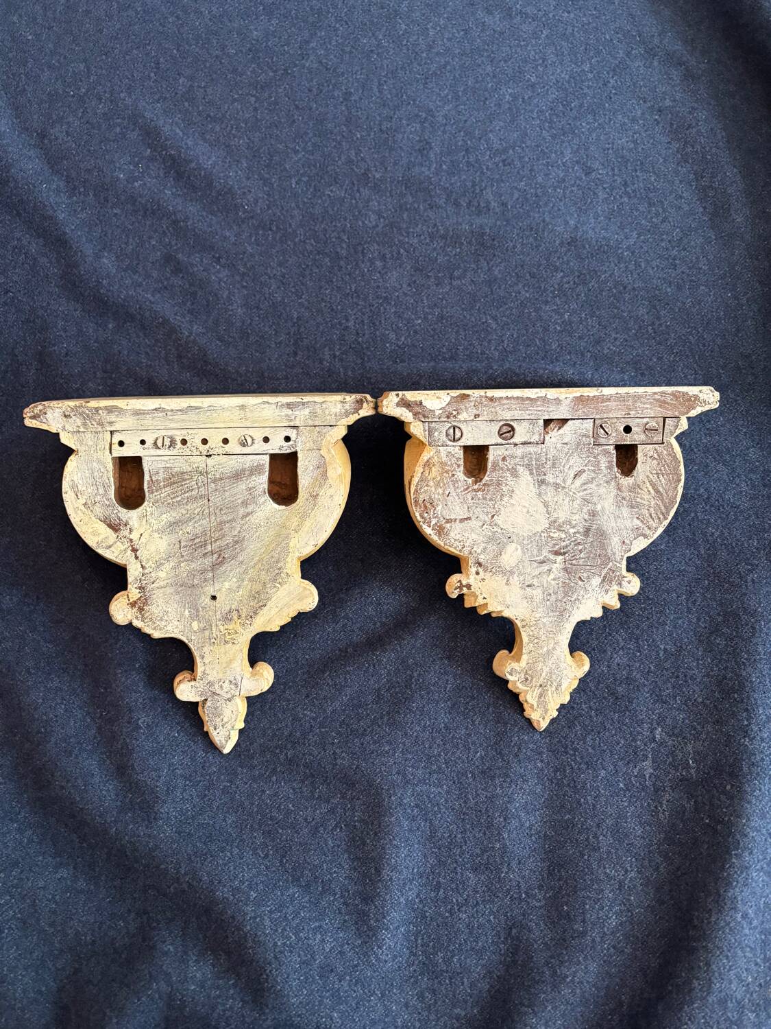 Small wooden consoles, green and beige