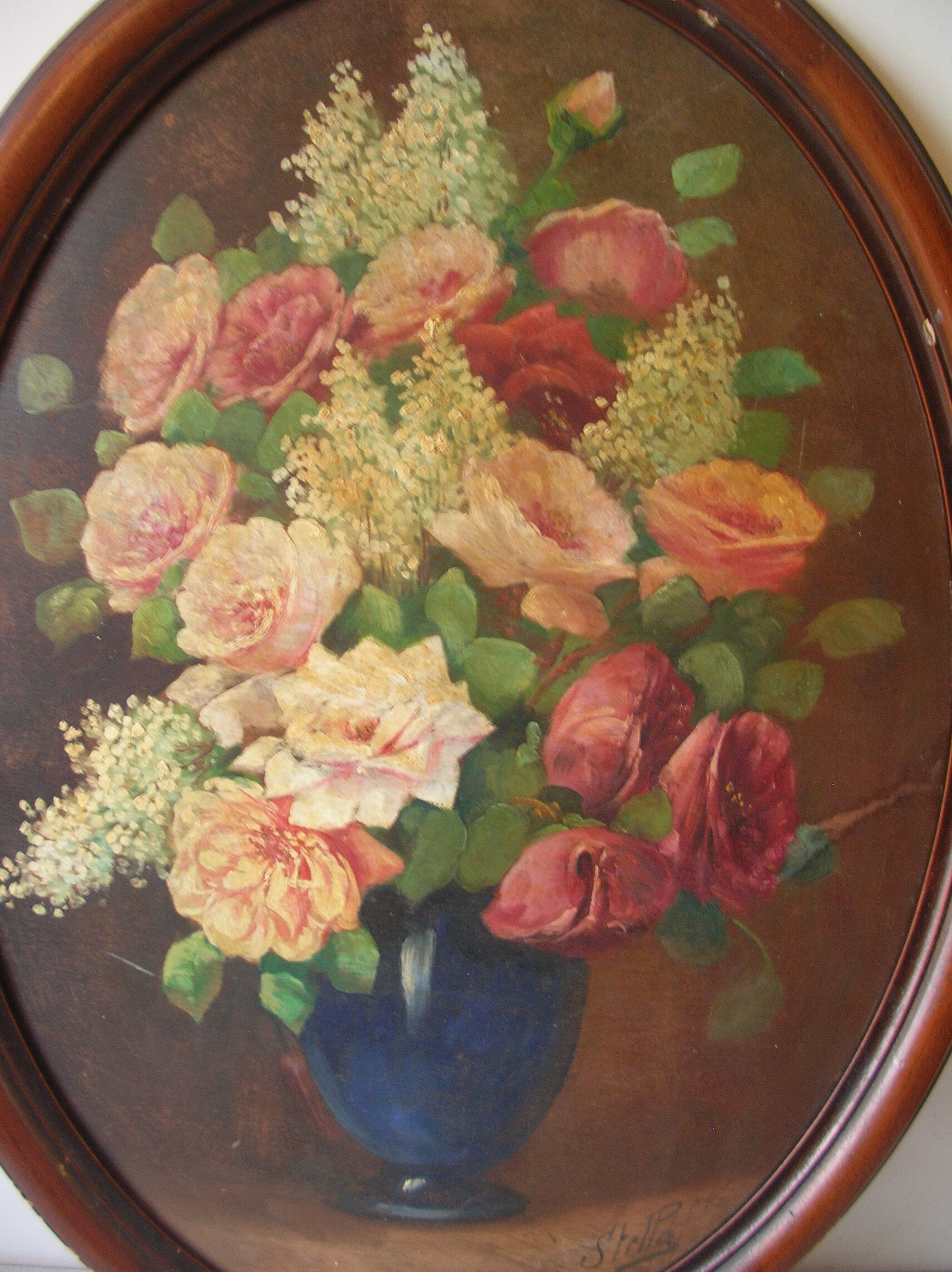 Painting on wood large bouquet of flowers signed stella 78 cm