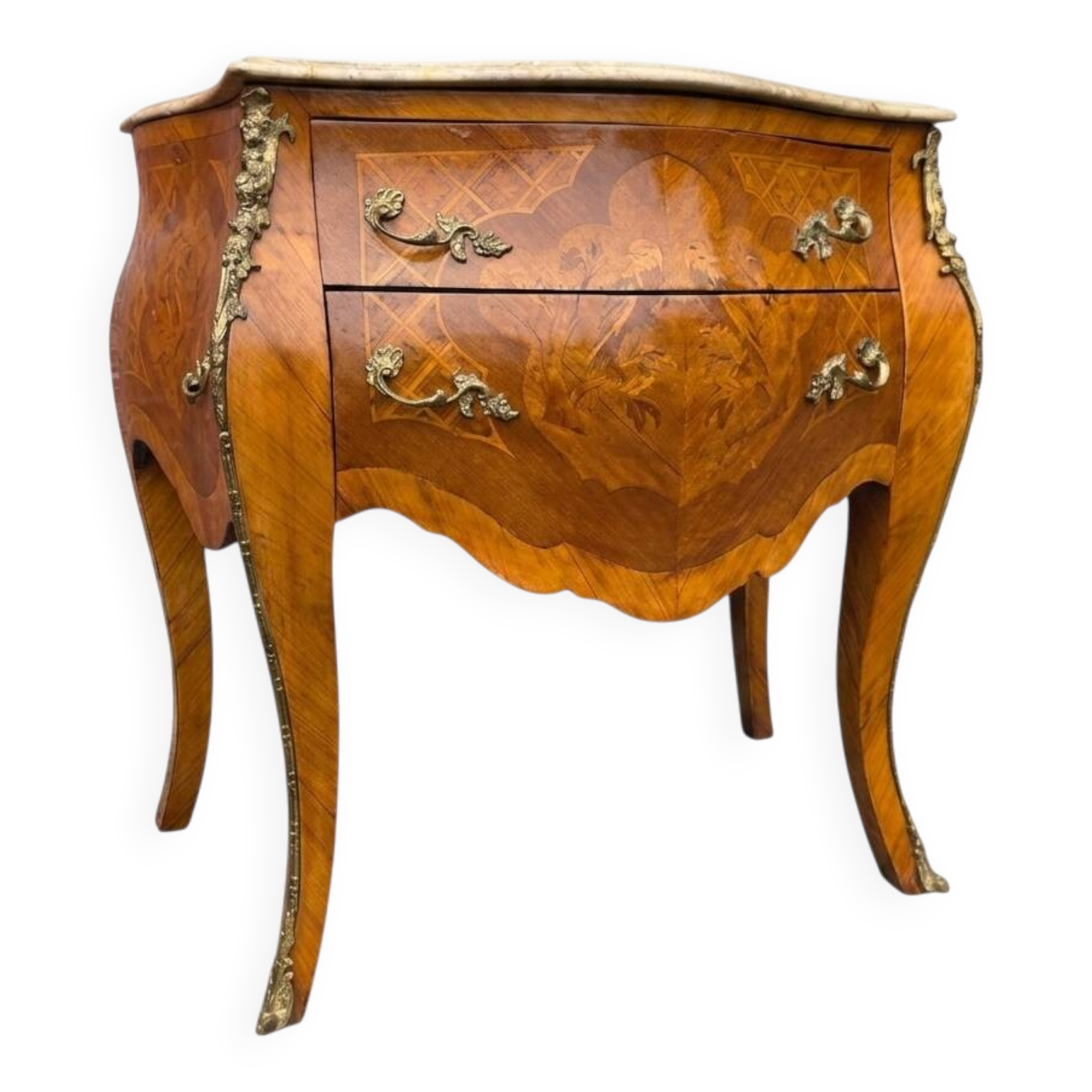 Curved Louis XV style commode in marquetry, mid-20th century.