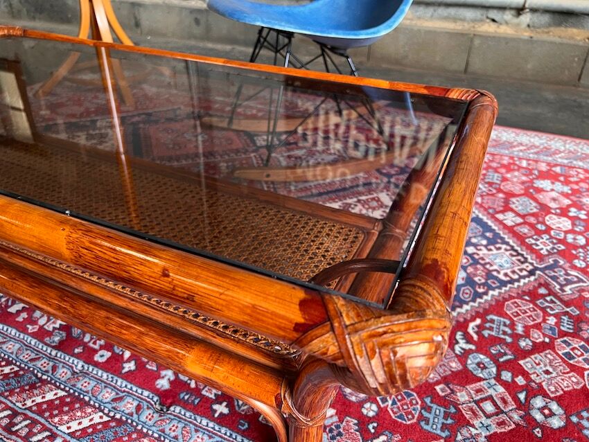 Vintage rattan coffee table and cannage and smoked glass top - 70s