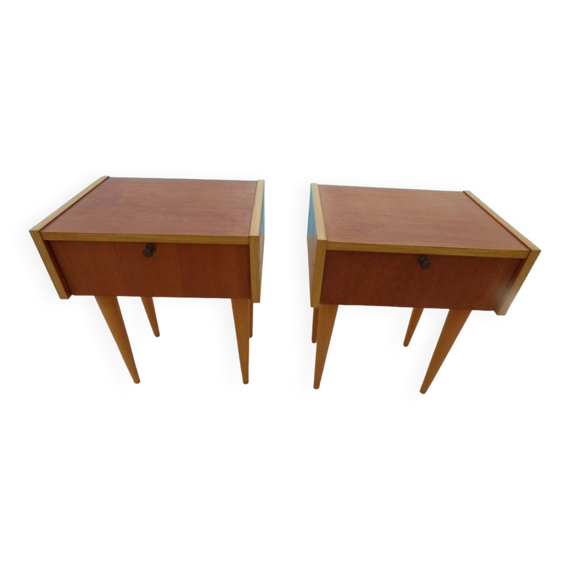 2 vintage scandinavian drawer nightstands with clamshell door