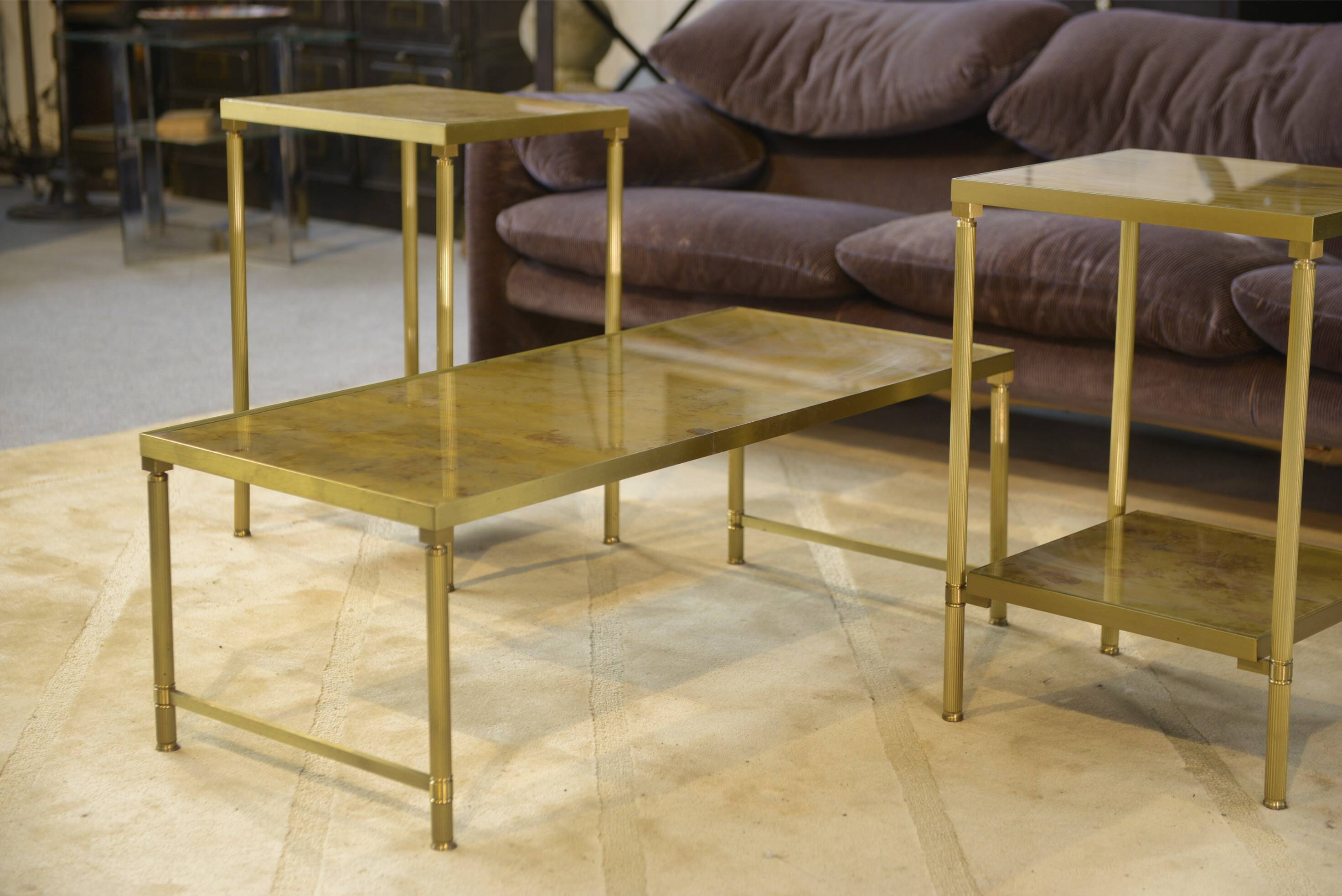 Néo-classical coffee table set with 2 side tables, mirrored glass, 1980s.