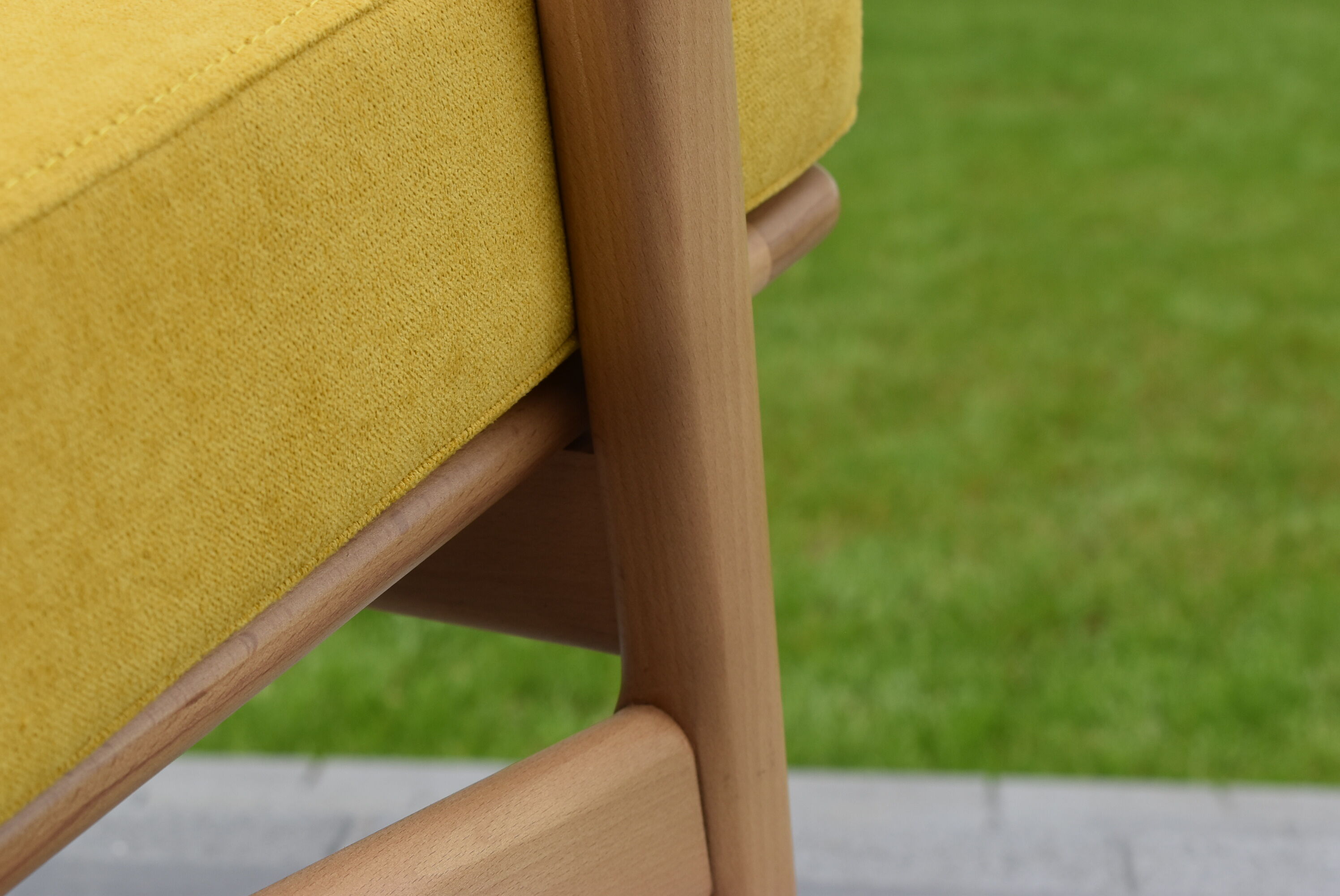 Scandinavian armchair, yellow fabric, natural wood