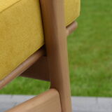 Scandinavian armchair, yellow fabric, natural wood