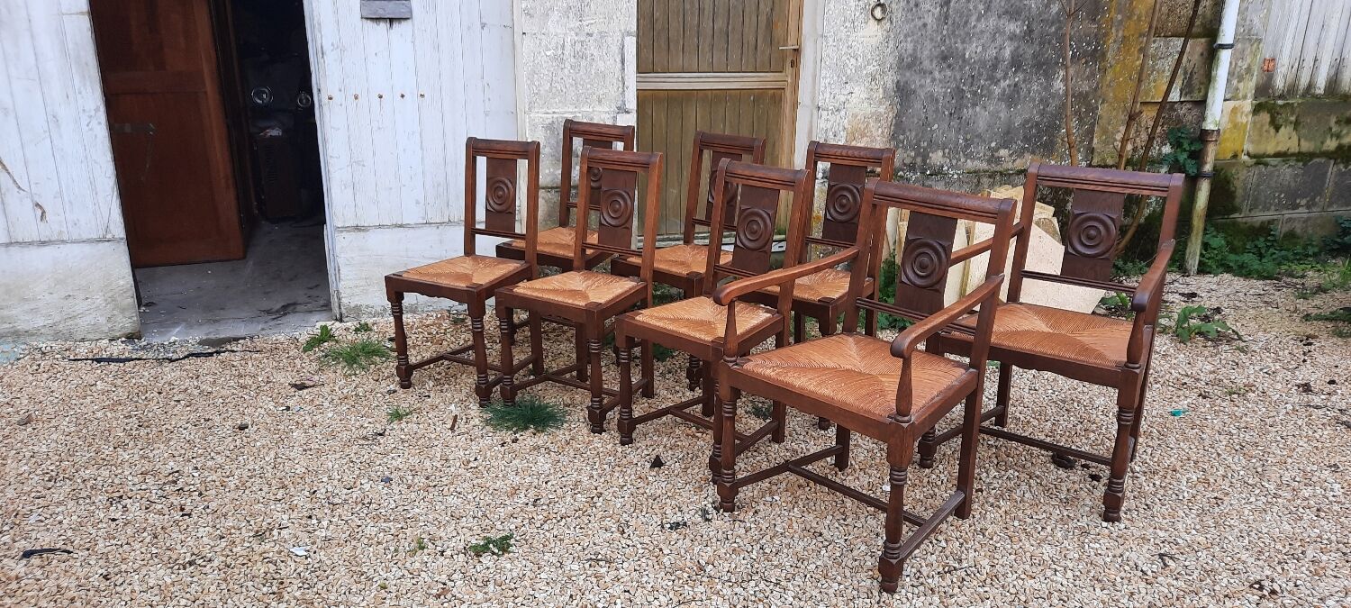 6 chairs and two brutalist armchairs