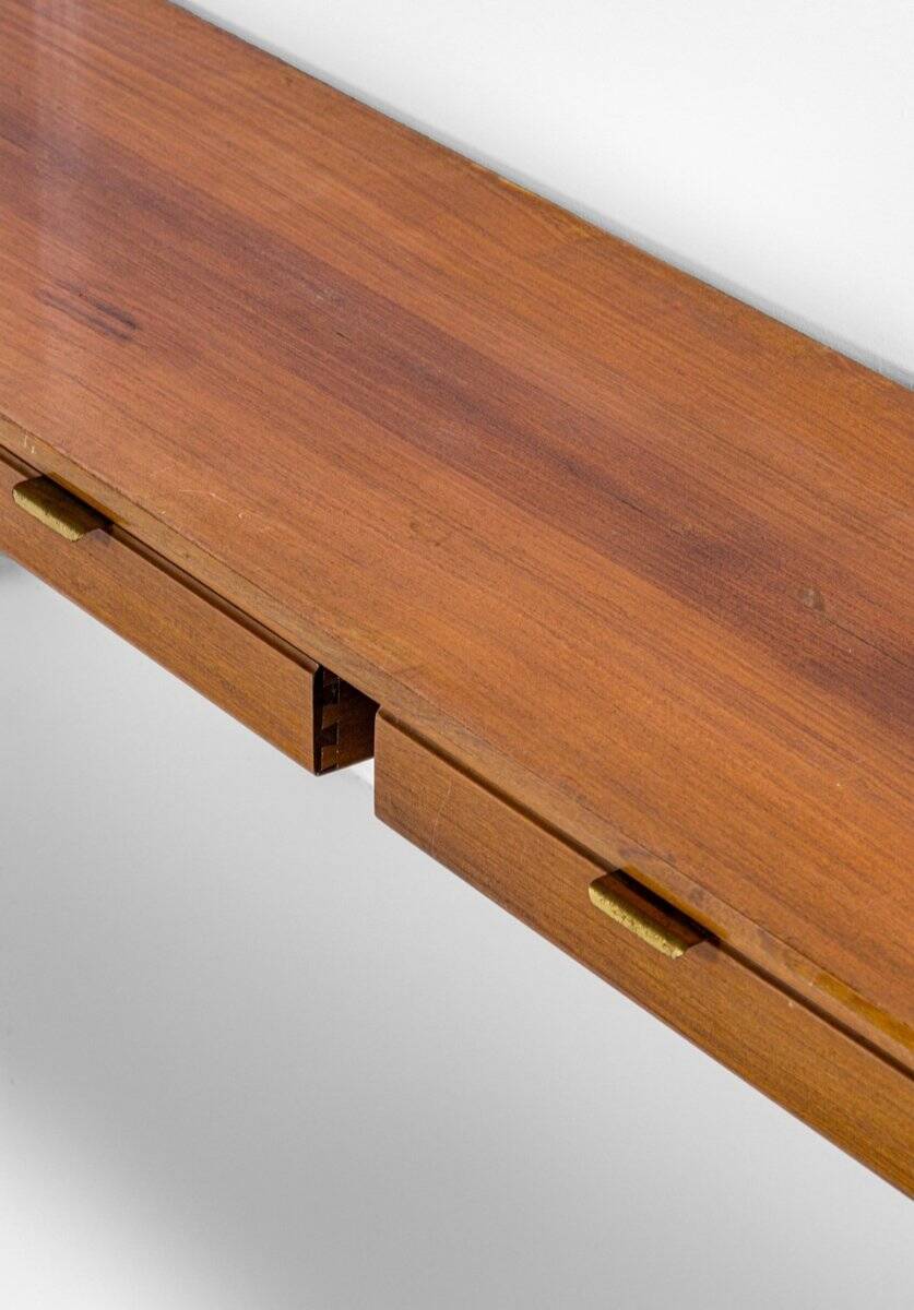 Wall-Mounted Console Table in Wood with Drawers and Brass Handles by Osvaldo Borsani for ABV, 1950s