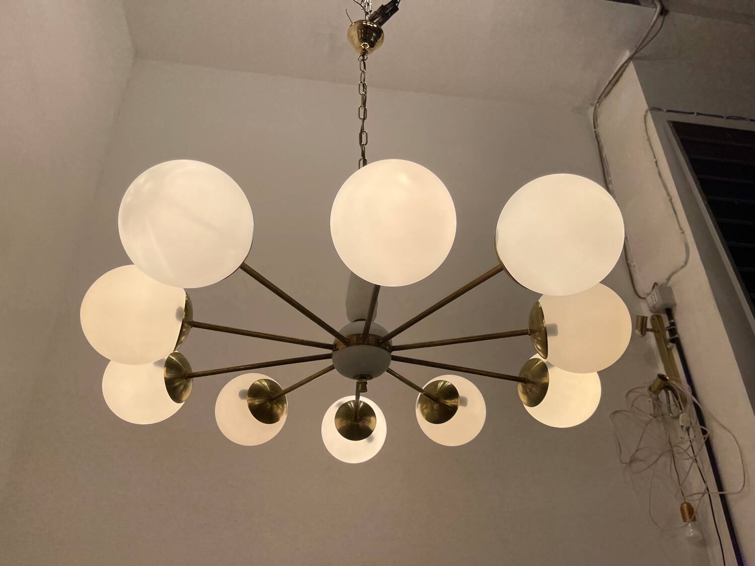 White Brass Opaline Glass Sputnik Chandelier 10 lights