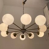White Brass Opaline Glass Sputnik Chandelier 10 lights