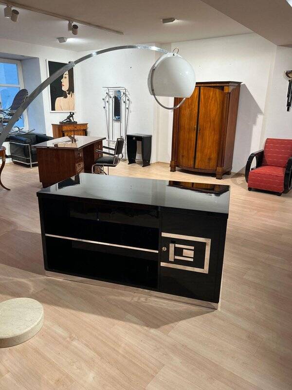 Art Deco Desk in Black Lacquer, Walnut & Metal, France, 1930s-1940s
