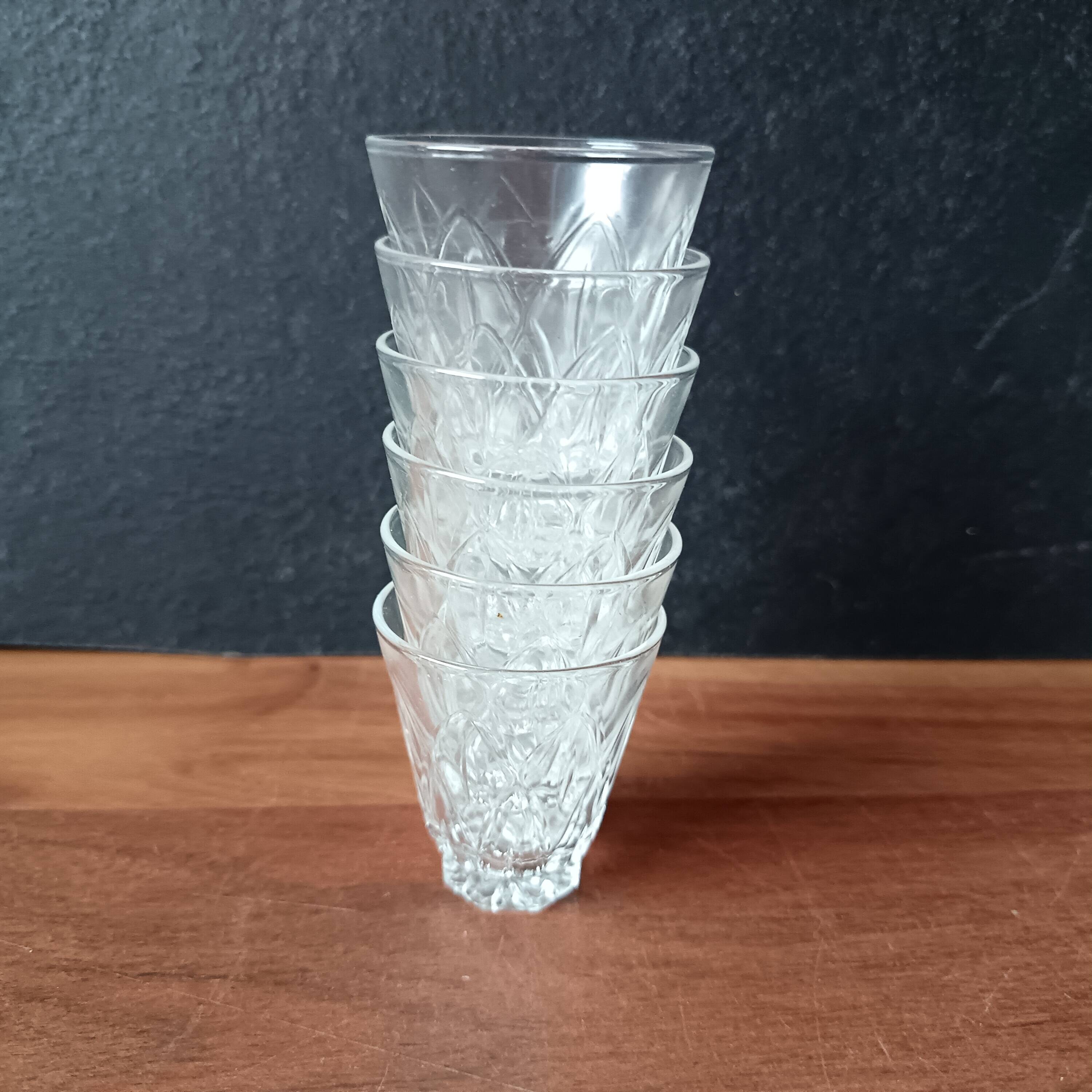 6 vintage VMC Reims France tempered glass liqueur glasses (8 cl capacity)