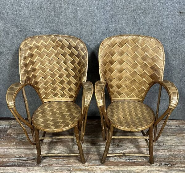 D'après ''Le Corbusier'' : paire de Fauteuils en rotin fabriqué à la main pour Pascal Raffier