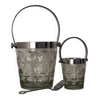 Set Of 2 Heavy Cut Glass French Vintage Ice Buckets With Silver Metal Spoon 4592