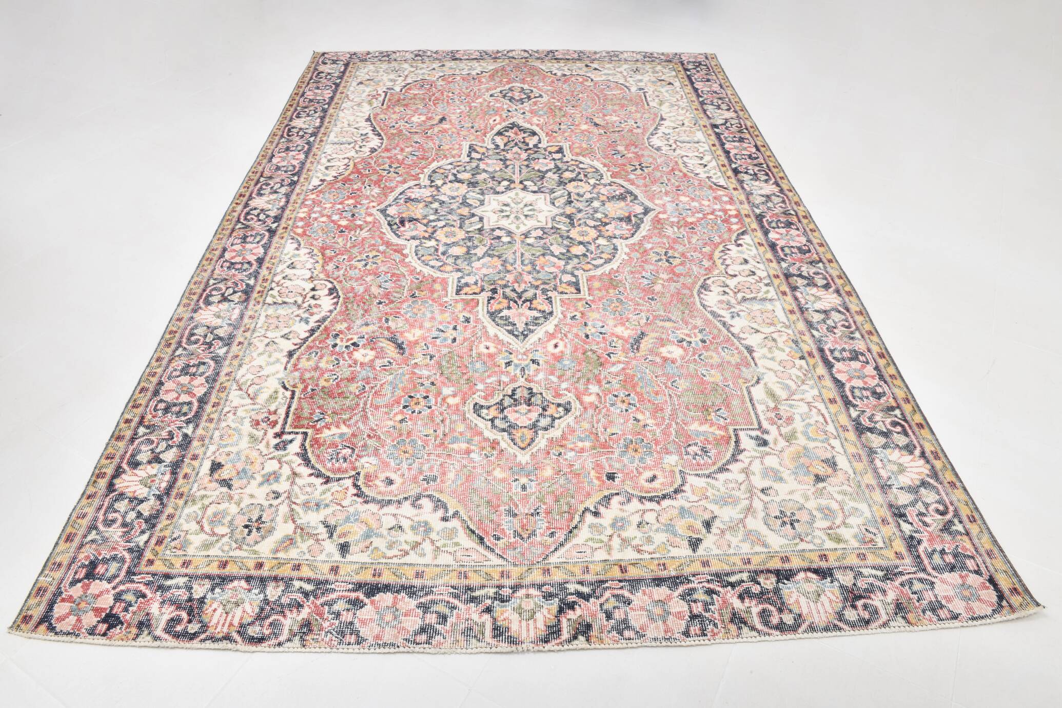 7x10 Vintage Salmon Pink & Navy Blue Vintage Persian Area Rug, 207x315 Cm