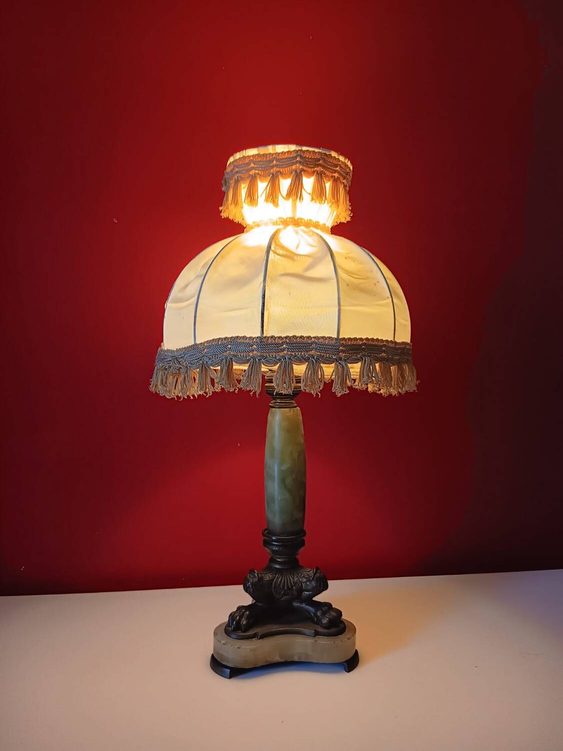 Antique lamp with green marble and bronze – fringed lampshade