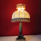 Antique lamp with green marble and bronze – fringed lampshade