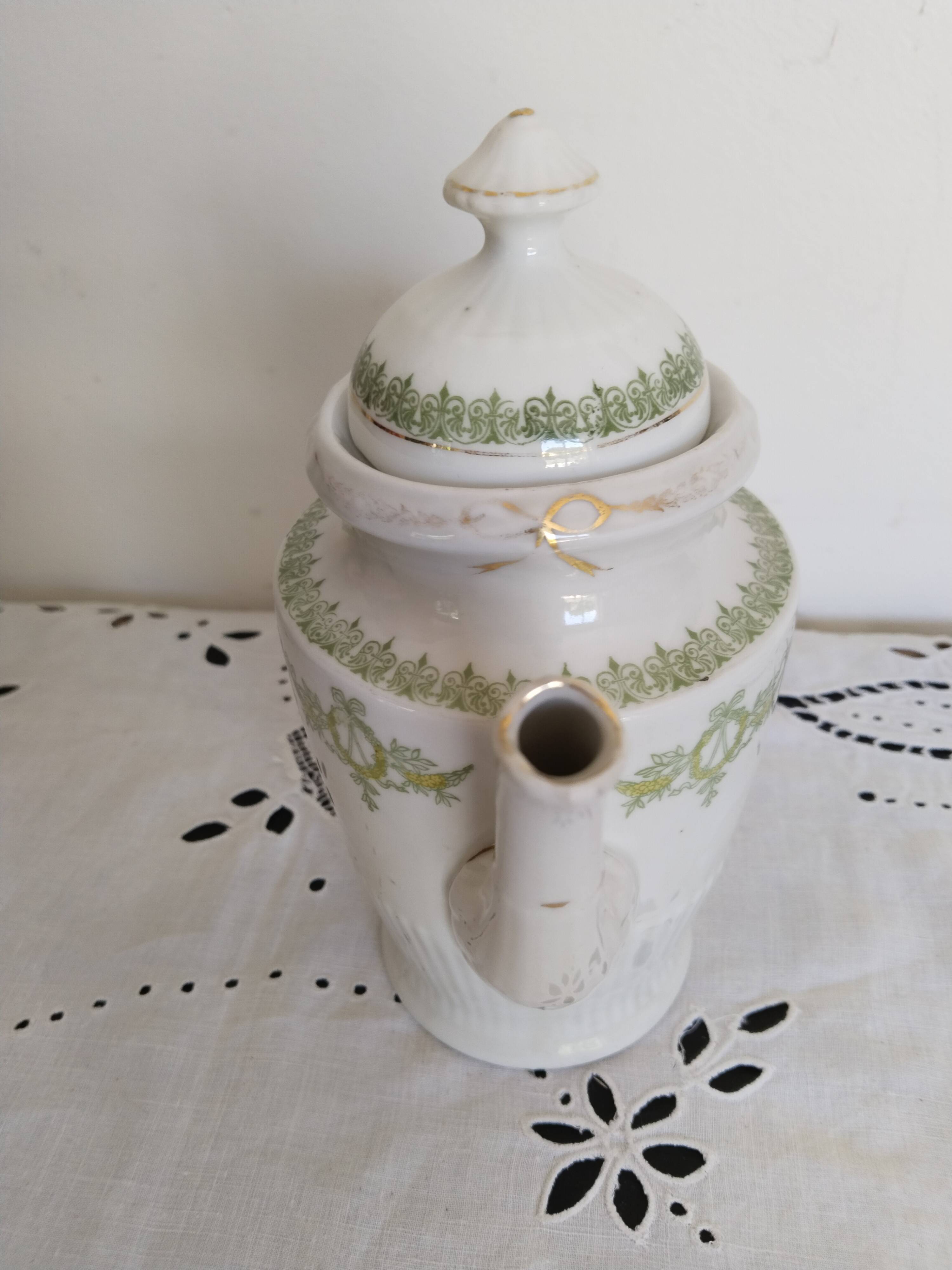English porcelain coffee maker, green and gold, antique, vintage
