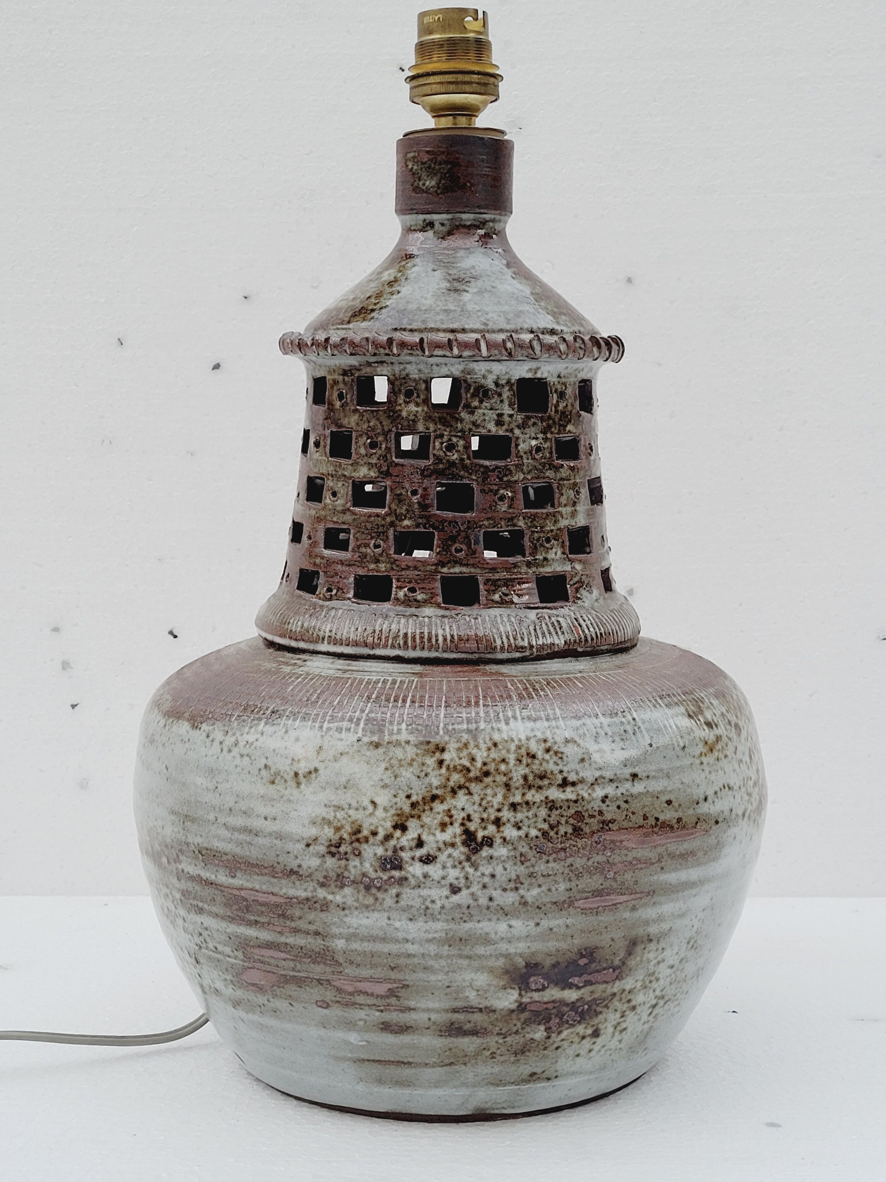 Vintage lamp foot in openwork ceramic email brown gray signed