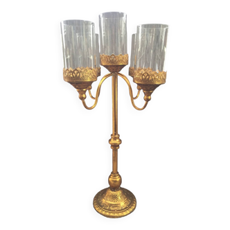 Grand porte-bougies chandelier candélabre bougeoir métal vieil or verre design