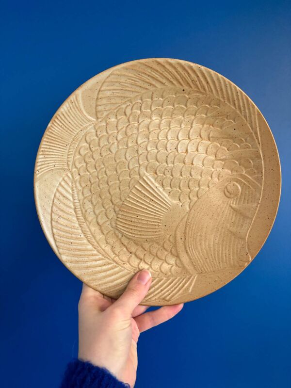 Service 10 assiette plate à poisson vintage grès village made in france - assiette en grès avec relief pour service du poisson