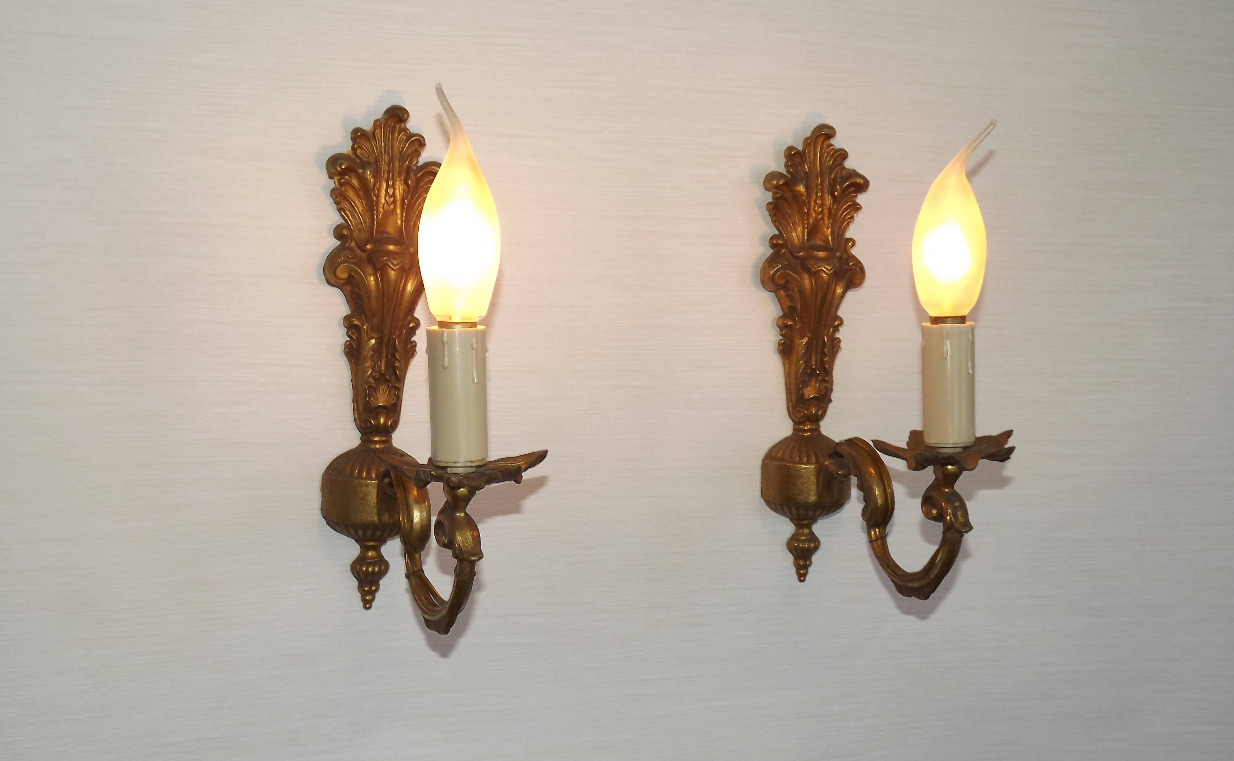 Pair French Gilt Bronze Single Wall Sconces Leaf & Feather Plume Detail