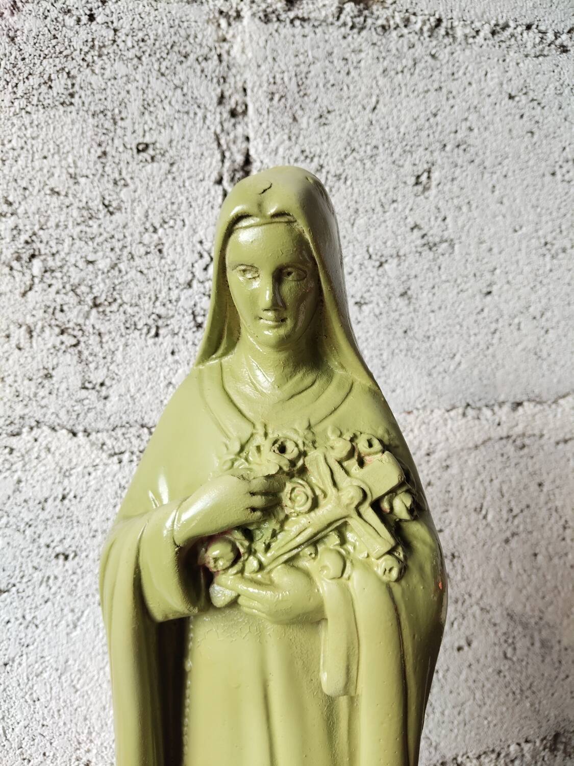 Ancient statue of Saint Thérèse of Lisieux – patinated olive green plaster