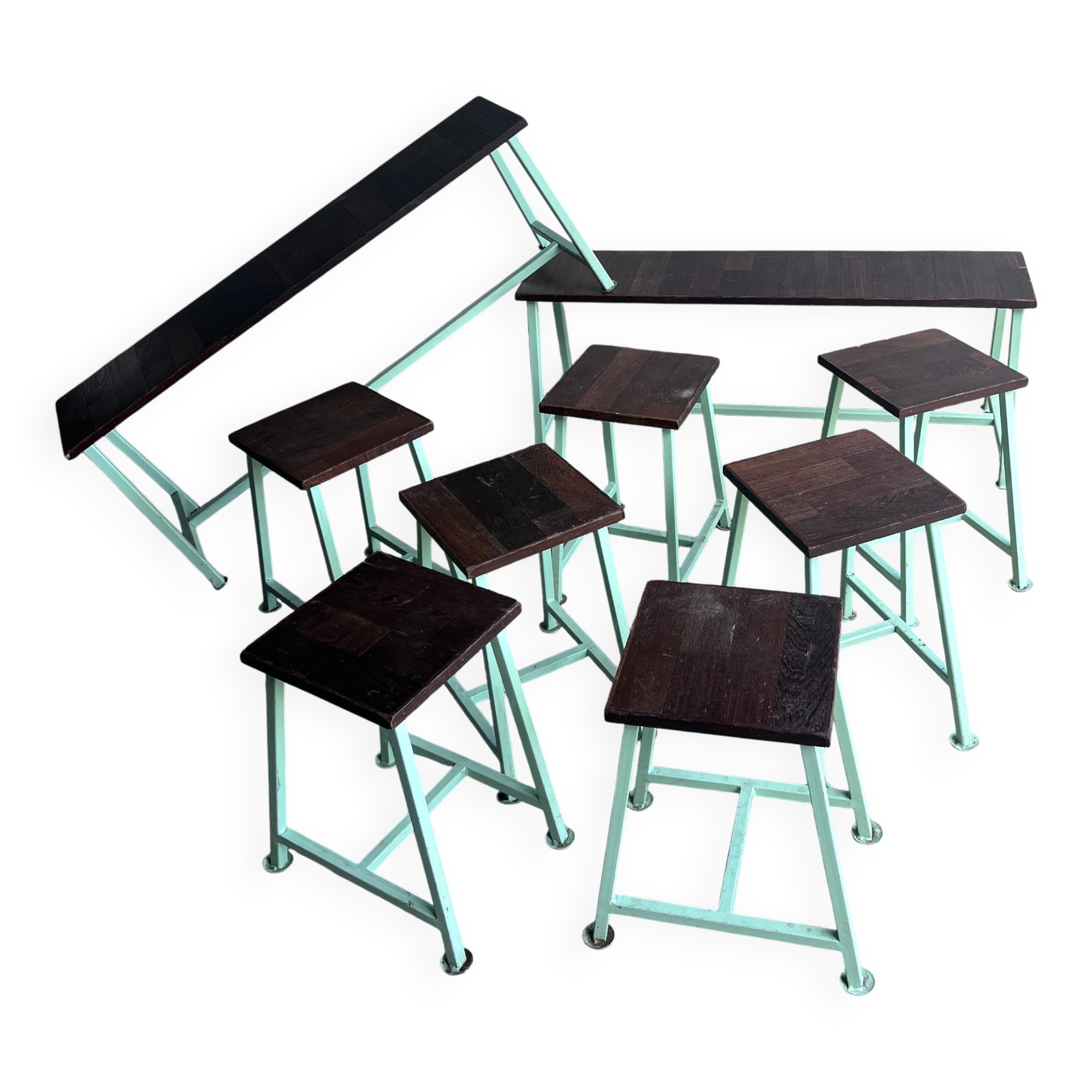 Bancs et tabourets industriels vintage, lot de 9, années 1950–1960