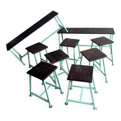 Bancs et tabourets industriels vintage, lot de 9, années 1950–1960