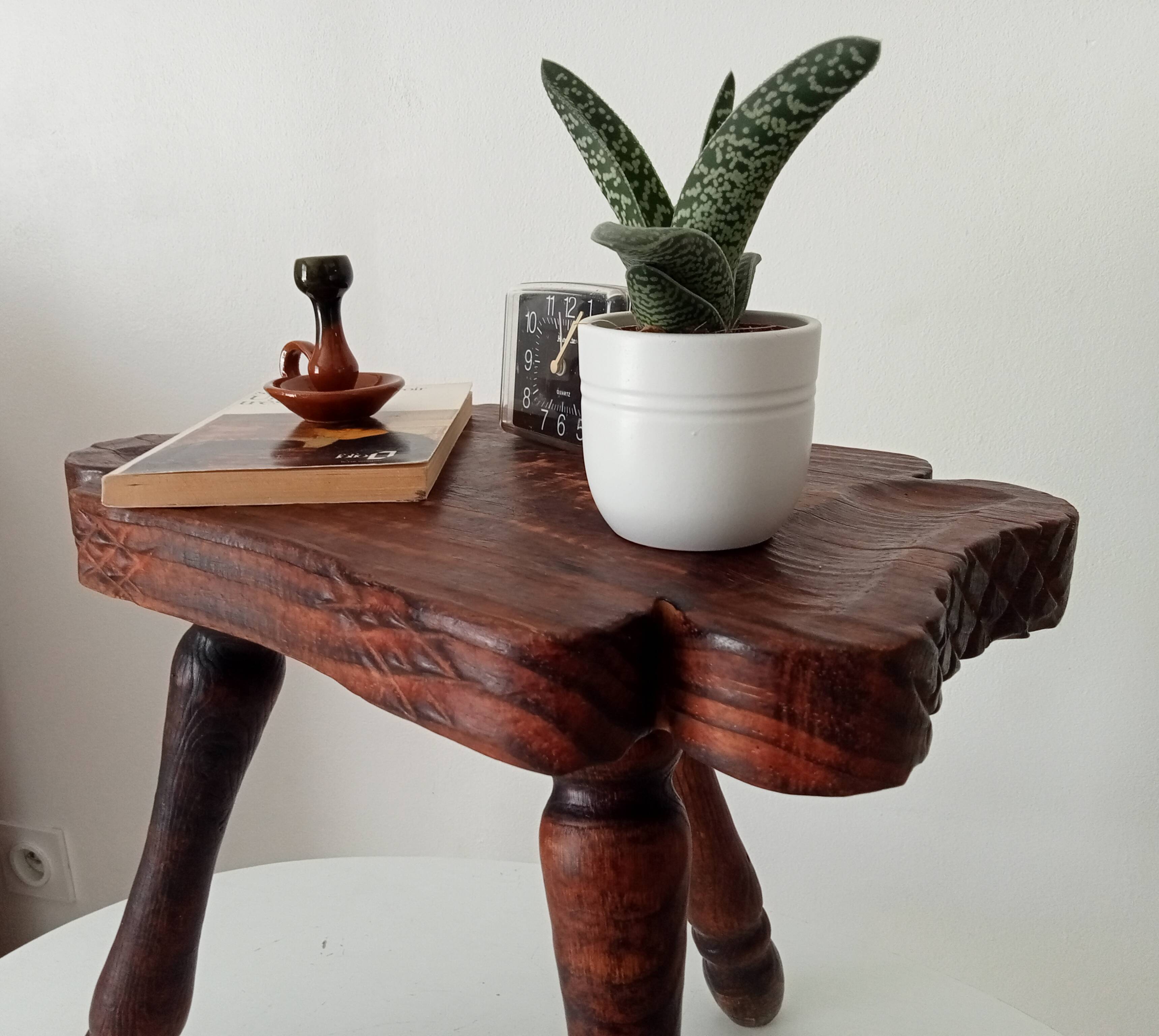Brutalist Spanish tripod stool in solid carved wood.