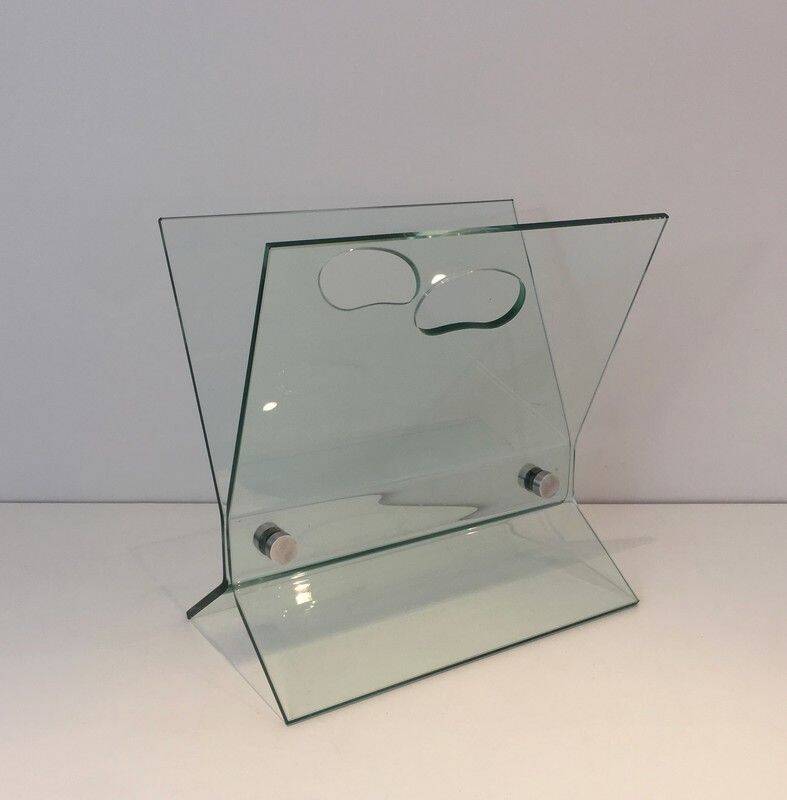 Designer magazine rack in glass and brushed steel