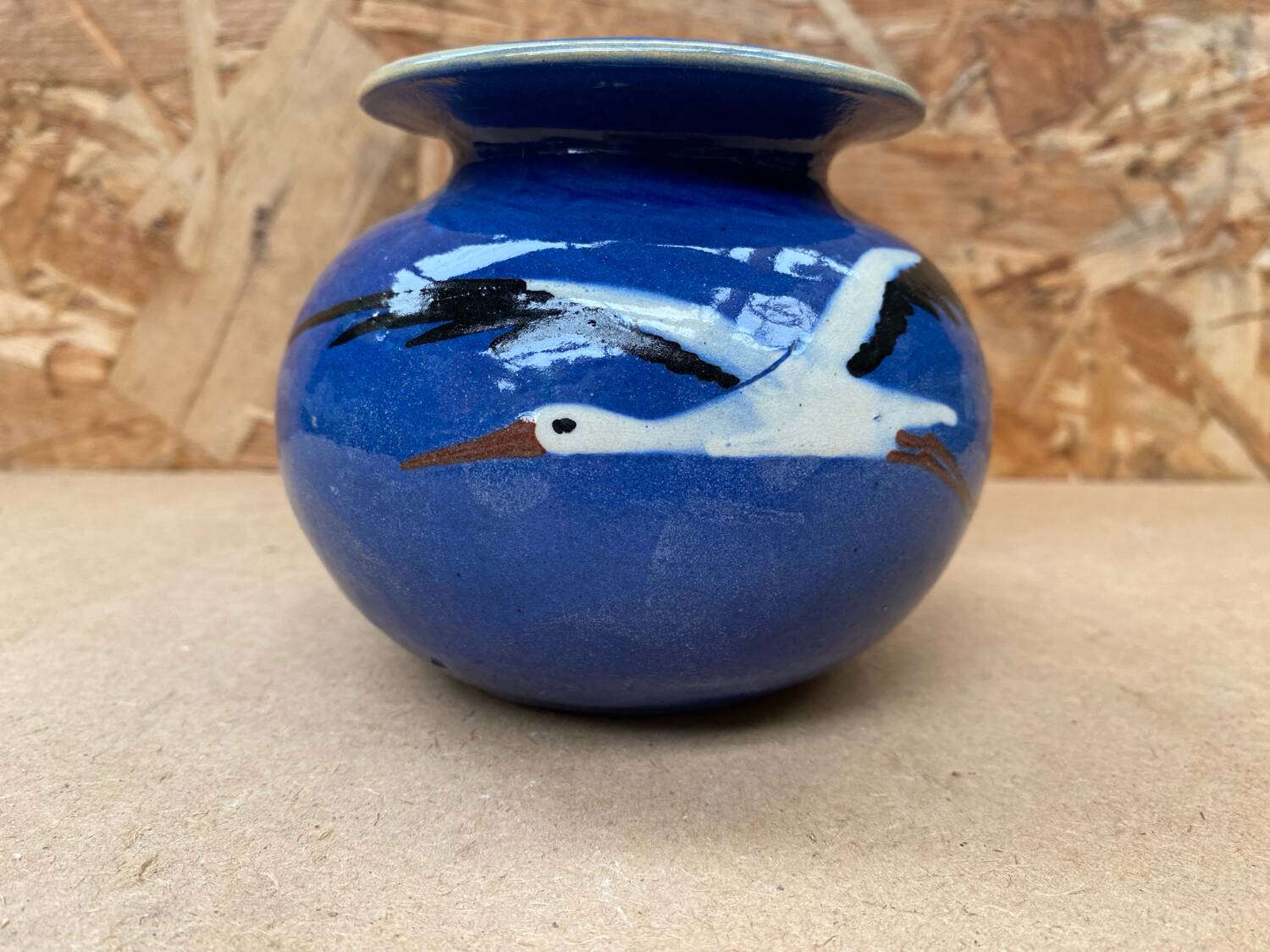 Old ball vase prod art ceramic blue decor storks alsace vintage