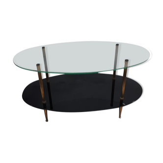 Oval coffee table black glass and vintage 1960 vintage gilded brass feet