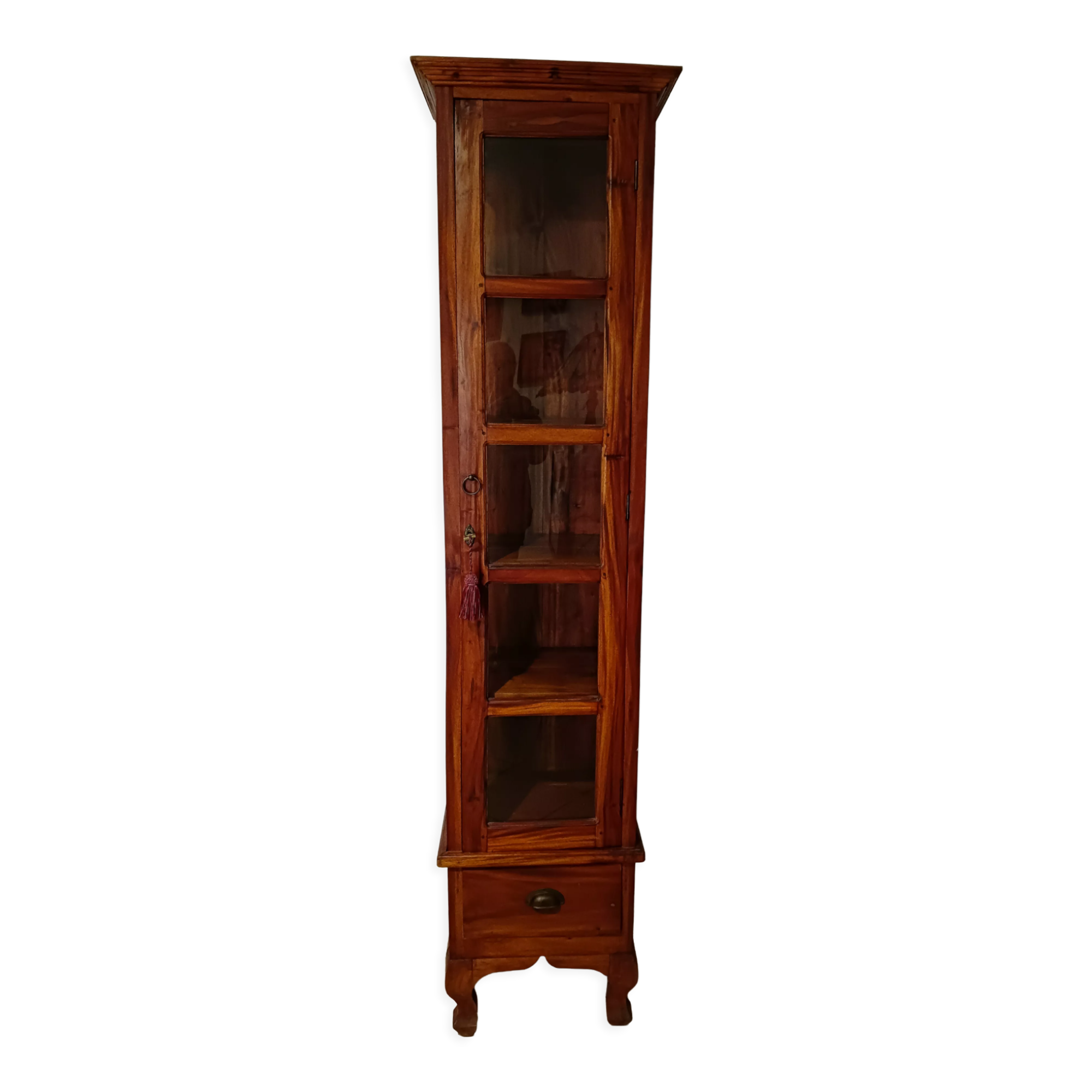 Mahogany column showcase, 1 glass door, 1 drawer, 5 wooden shelves