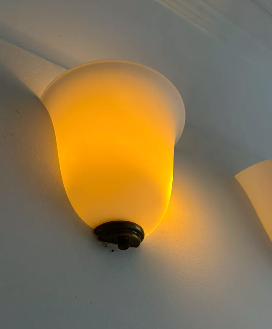 Vintage Vianne glass wall lamps, opaline and brass, Domec France 1970