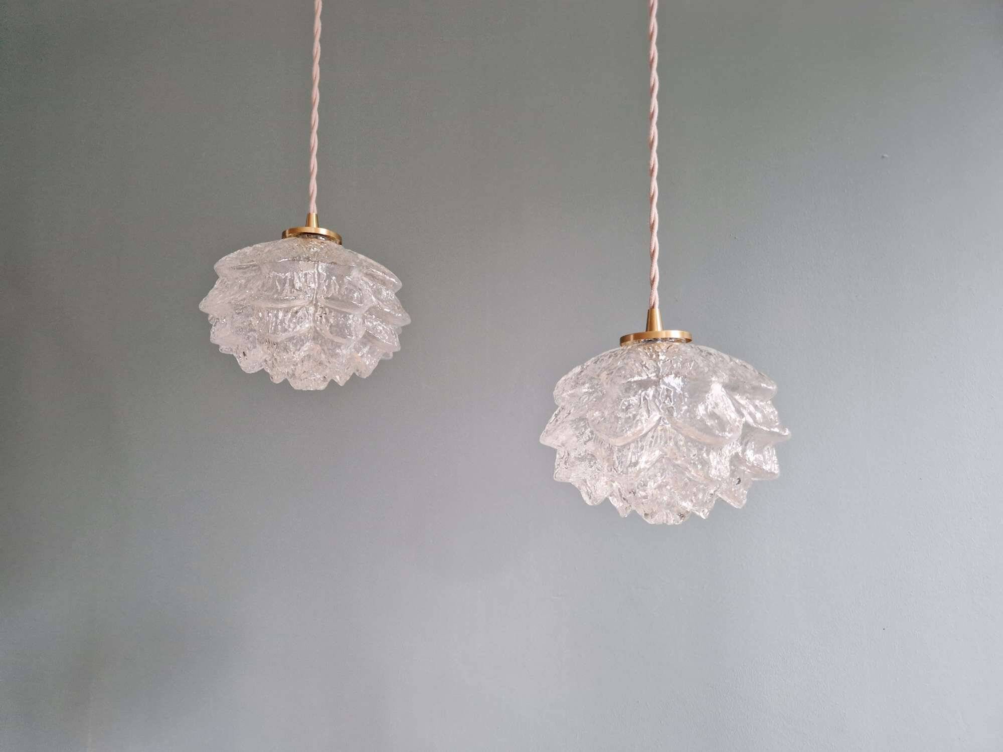 Pair of frosted glass pendant lights, artichoke-shaped, 1960s.