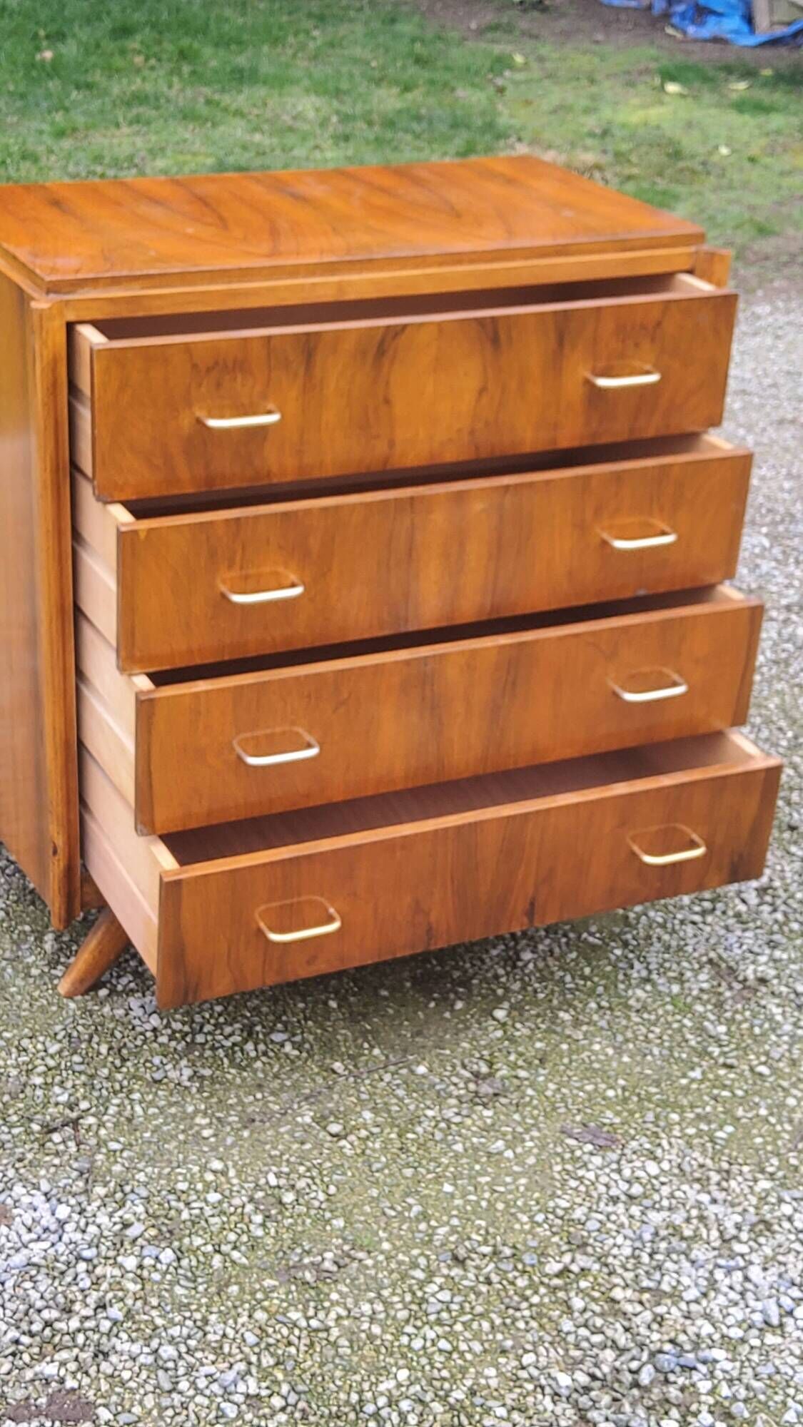 Vintage chest of drawers in walnut compass legs 4 drawers from the 1950s