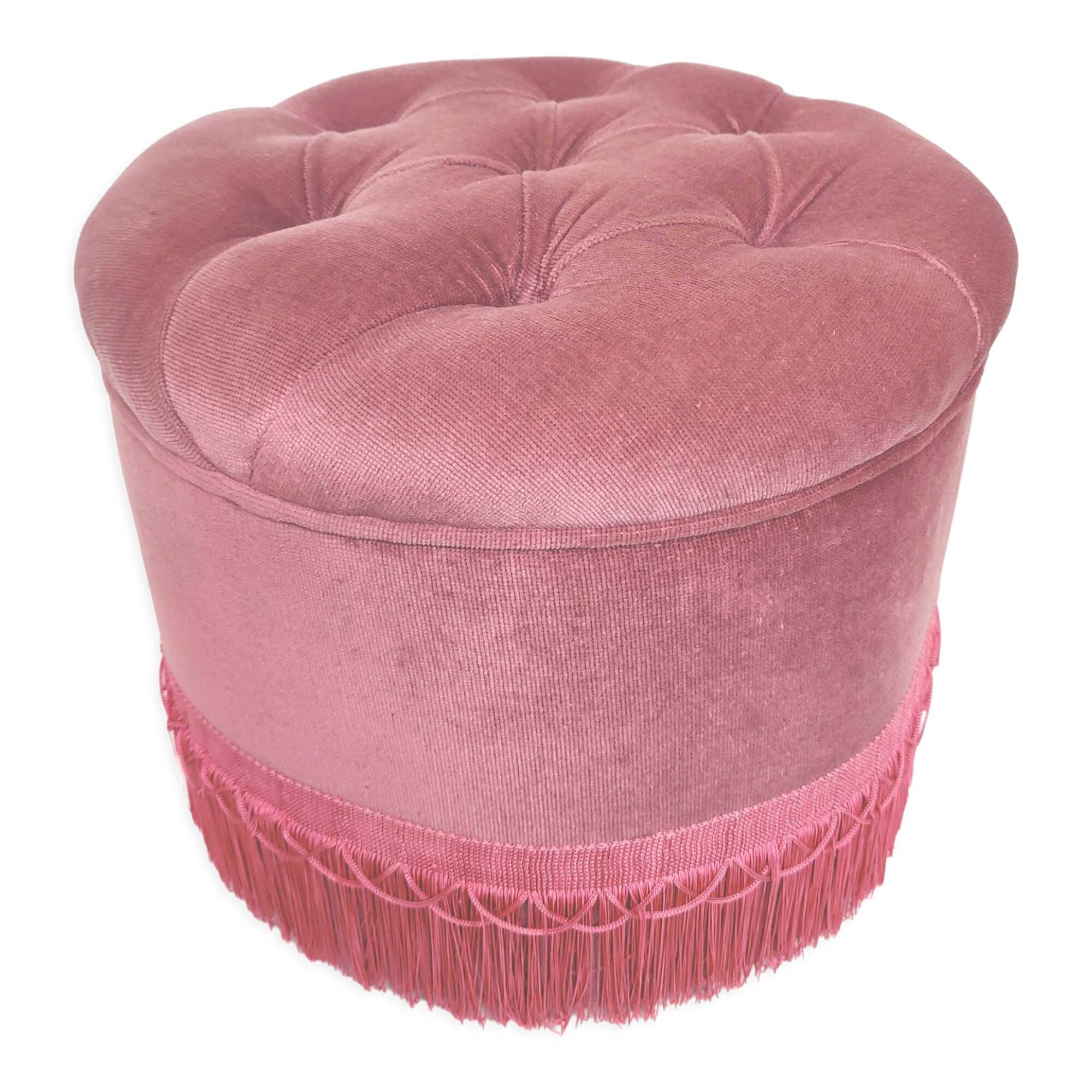 Vintage velvet padded pouf stool with fringes