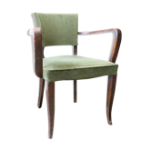 Fauteuil bridge en bois foncé et velours vert