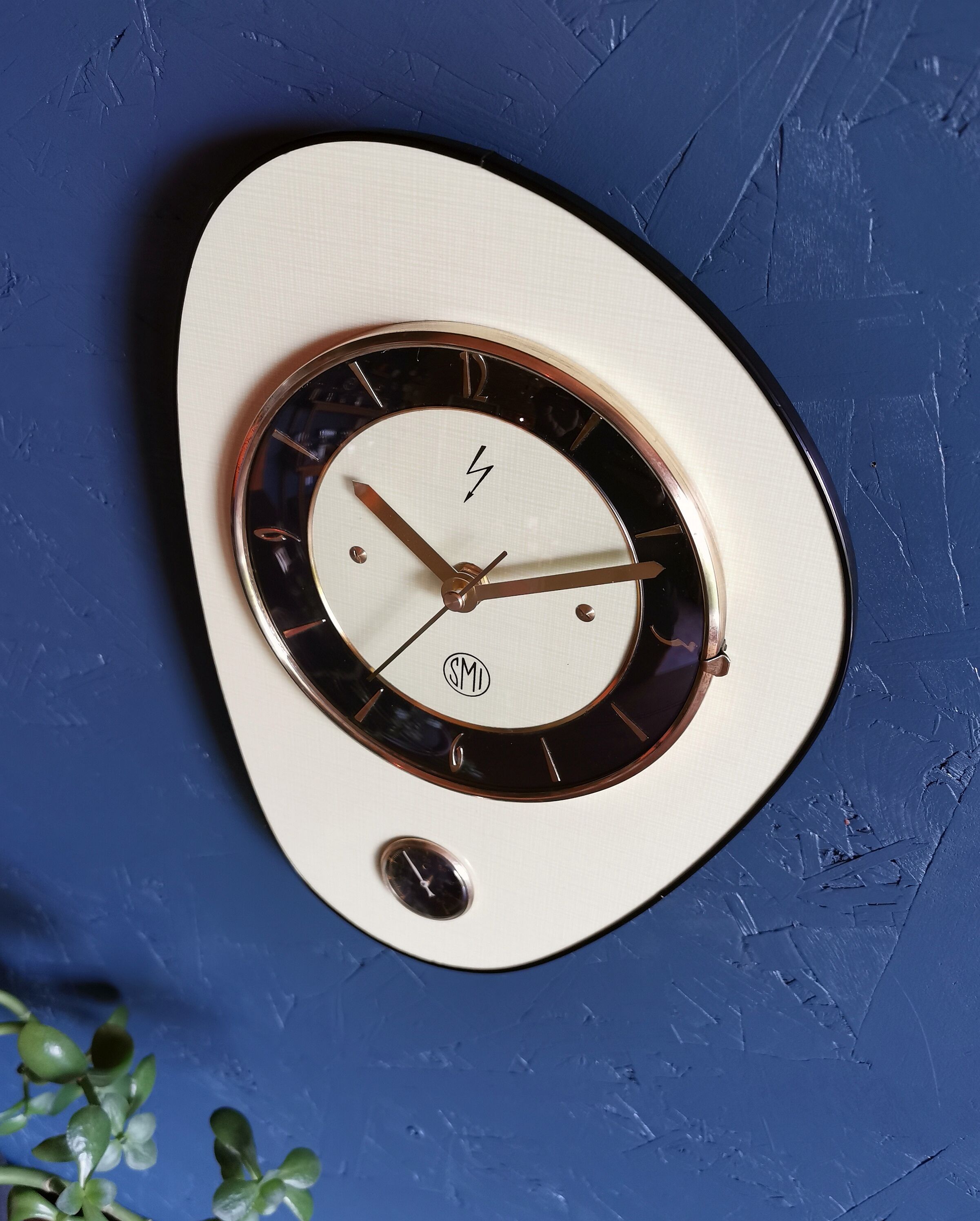 Vintage formica clock asymmetrical silent wall clock "SMI yellow black"